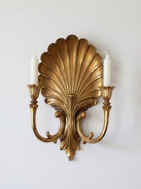 Vintage Syroco 4224 Gold Shell Wall Sconce Candle Holder Hollywood Regency MCM